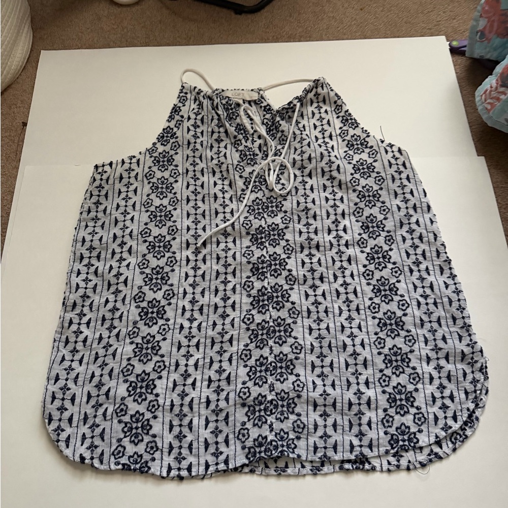 LOFT White and Navy Striped Floral Tie-Neck Camisole